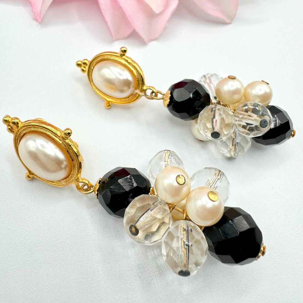 Vintage Designer Style Glass Bead Cluster Faux Pearl Cabochon Earrings Clip Chic